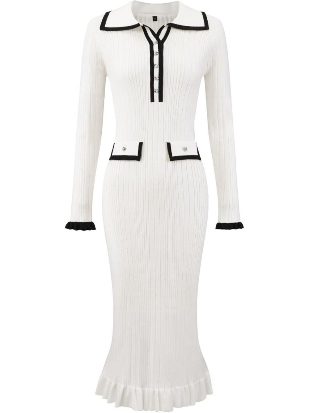 Chic Ruffled Long Sleeve Sweater Dress with Contrast Trim for Fall & Winter